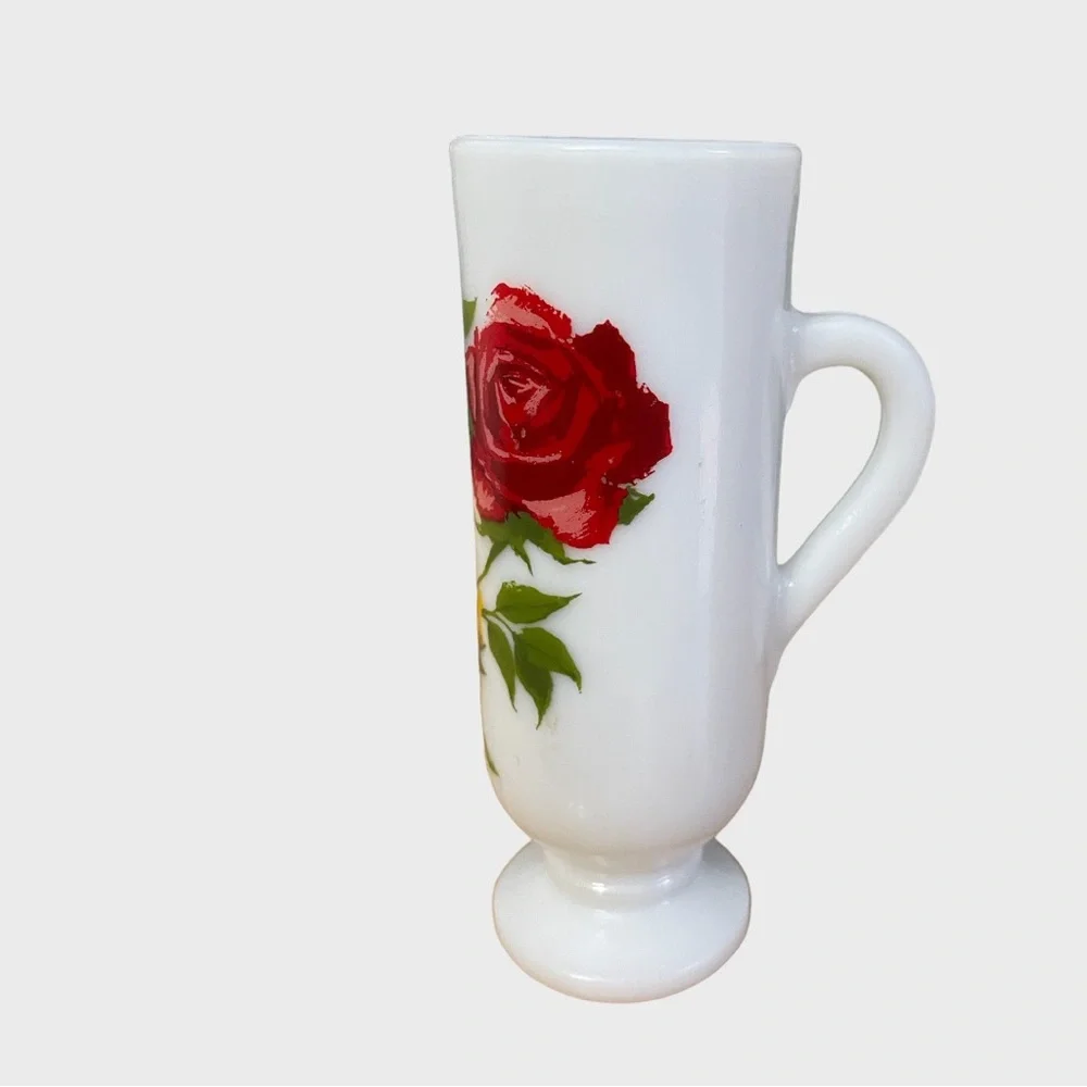 Vintage AVON Red & Yellow Roses White Milk Glass Handled Pedestal Bud Vase